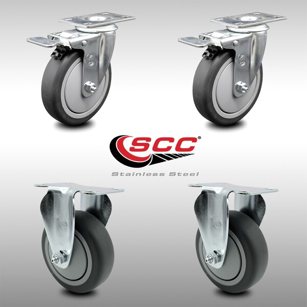 5 Inch SS Thermoplastic Rubber Wheel Top Plate Caster Lock Brake 2 Rigid, 2PK
